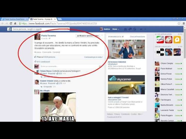 M5S: Taverna, "Ho stretto la mano a Verdini. Mi sento uno schifo"