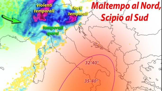Italia spaccata in due, temporali a nord caldo a centro-sud