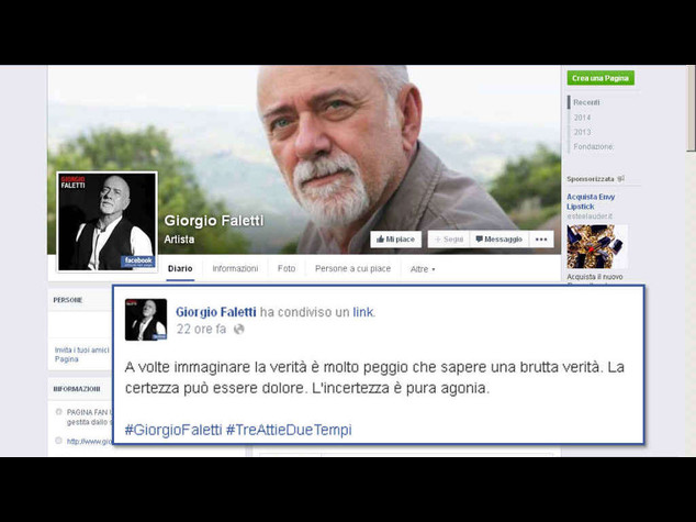 Faletti: l'ultimo post su Facebook, "meglio una butta verita' che l'incertezza"