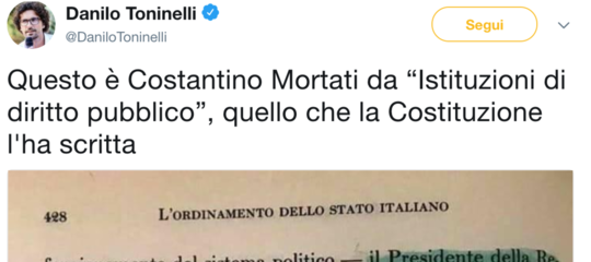 Toninelli cita un manuale di diritto costituzionale per criticare Mattarella, ma sbaglia
