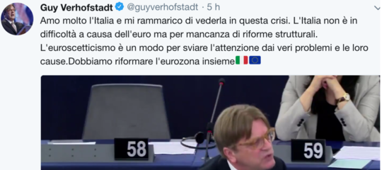 Il tweet in italiano dell'eurodeputato belga Verhofstadt: "Amo l'Italia, riformiamo l'eurozona"