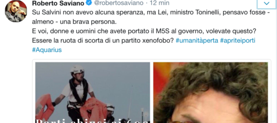 Saviano replica a Toninelli sui migranti: "Pensavo fossi una brava persona"