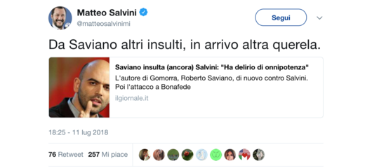 Nuovo scontro Saviano-Salvini su Twitter, e il ministro annuncia querela