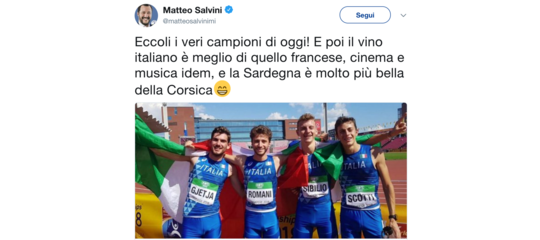 Salvini esulta: "Staffetta italiana 4x400 i veri campioni. Vino, cinema e musica meglio della Francia"