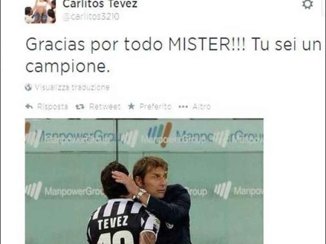 Juve: Tevez saluta Conte "Grazie di tutto, sei un campione"