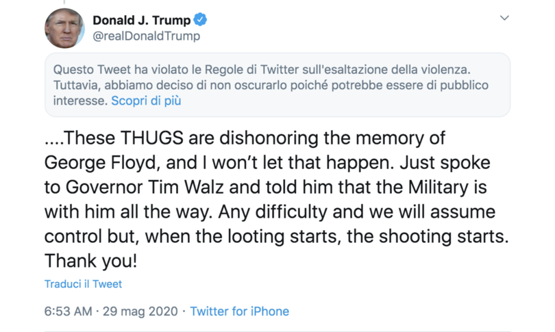 twitter segnala un altro post di trump esalta violenza