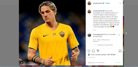 Zaniolo positivo al Covid: "Non ho sintomi, tiferò Roma da casa"