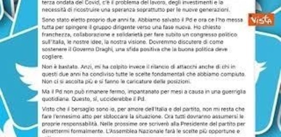 Zingaretti si dimette da segretario Pd: &ldquo;Ora tutti dovranno assumersi proprie responsabilit&agrave;&rdquo;