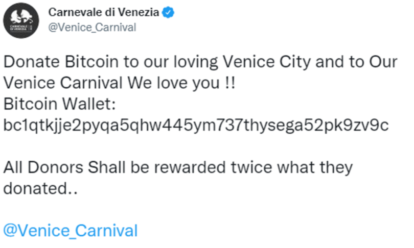 hacker profilo social carnevale venezia chieste donazioni bitcoin
