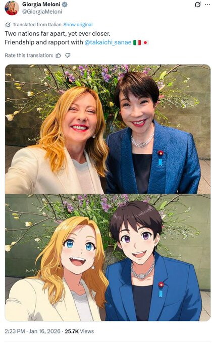 Meloni-Takaichi, regalo e selfie in stile manga