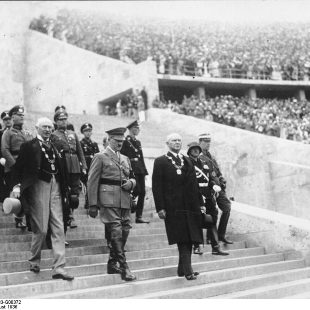 Torch bearers and Olympic torch, an invention of Berlin 1936